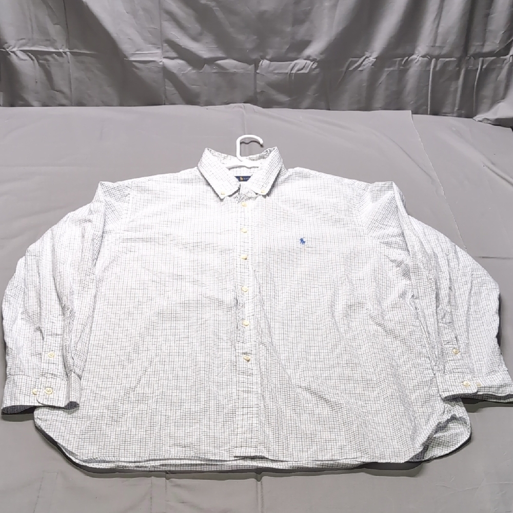 Ralph Lauren Mens 18 34-35 Button Down Shirt White Blue Tattersall Check Cotton